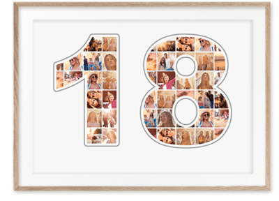 Ziffer 18 Collage mit Fotos als tolles Geschenk zum Geburtstag mit vielen Bildern auf weissem Hintergrund in sandfarbenem Holzrahmen
