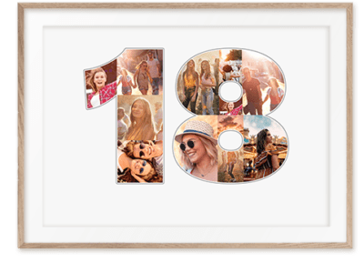 Persönliche Collage zum 18. Geburtstag als Geschenk als Zahl mit individuellen Bildern auf weissem Hintergrund grahmt mit hellem Rahmen