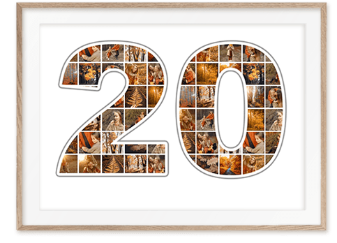 Ziffer 20 Collage mit Fotos als tolles Geschenk zum Geburtstag mit vielen Bildern auf weissem Hintergrund in sandfarbenem Holzrahmen
