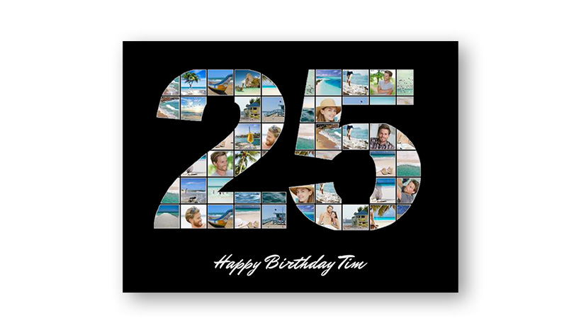 Fotogeschenk zum 25. Geburtstag als Zahl 25 gefüllt mit vielen Bildern