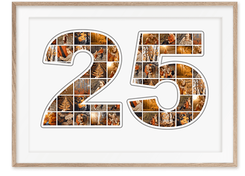 Ziffer 25 Collage mit Fotos als tolles Geschenk zum Geburtstag mit vielen Bildern auf weissem Hintergrund in sandfarbenem Holzrahmen