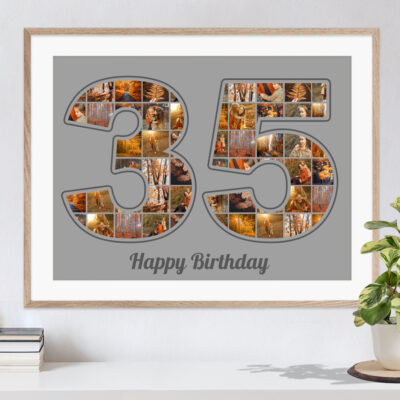 Kreatives Geschenk zum 35. Geburtstag Zahlencollage auf grau in Holzrahmen mit den schönsten Fotos über einer Pflanze und Büchern auf einer Kommode