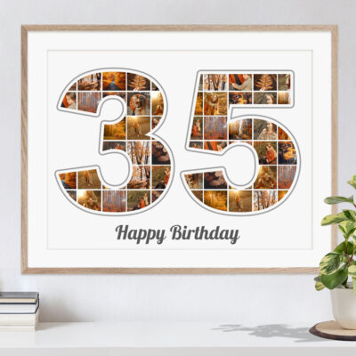 Zahl Collage 35 als originelles Geburtstagsgeschenk mit vielen Bildern auf weissem Hintergrund in Rahmen über Kommode mit Pflanze und Büchern