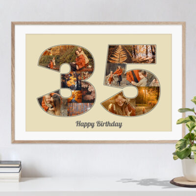 Collage mit individuellen Bildern als Ziffer 35 vor beigem Hintergrund als tolle Geschenkidee zum Geburtstag hängt an einer weissen Wand in hellem Rahmen über einer Kommode mit Büchern und einer Pflanze