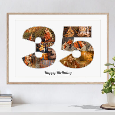 Kreative Idee für ein Fotocollage Geschenk als Zahl 35 zum Geburtstag auf weissem Hintergrund in hellem Holzrahmen an einer Wand hängend über einer Kommode auf der eine Pflanze und Bücher stehen