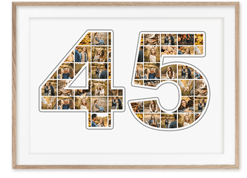 Ziffer 45 Collage mit Fotos als tolles Geschenk zum Geburtstag mit vielen Bildern auf weissem Hintergrund in sandfarbenem Holzrahmen