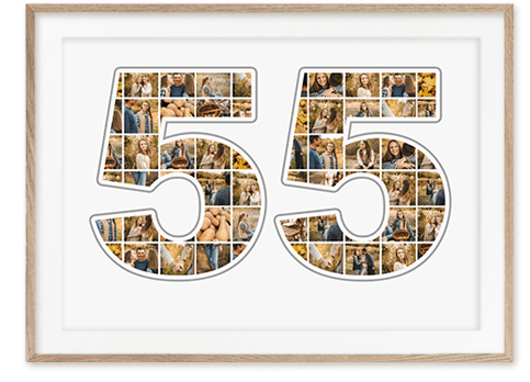 Ziffer 55 Collage mit Fotos als tolles Geschenk zum Geburtstag mit vielen Bildern auf weissem Hintergrund in sandfarbenem Holzrahmen