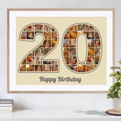 Geschenkcollage mit speziellen Bildern als Zahl 20 auf sandfarbenem Hintergrund als persönliches Geschenk zum Geburtstag hängt an einer weissen Wand in hellem Rahmen über einer Kommode mit Büchern und einer Pflanze
