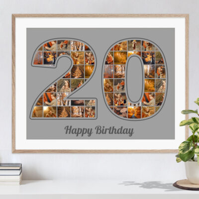 Kreatives Geschenk zum 20. Geburtstag Zahlencollage auf grau in Holzrahmen mit den schönsten Fotos über einer Pflanze und Büchern auf einer Kommode