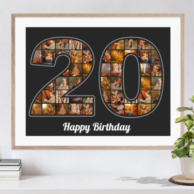Zahl 20 als Collage vor schwarzem Hintergrund befüllt mit individuellen Fotos als herrliches Geburtstagsgeschenk in Holzrahmen über einer Kommdoe mit Pflanze und Büchern aufgehängt
