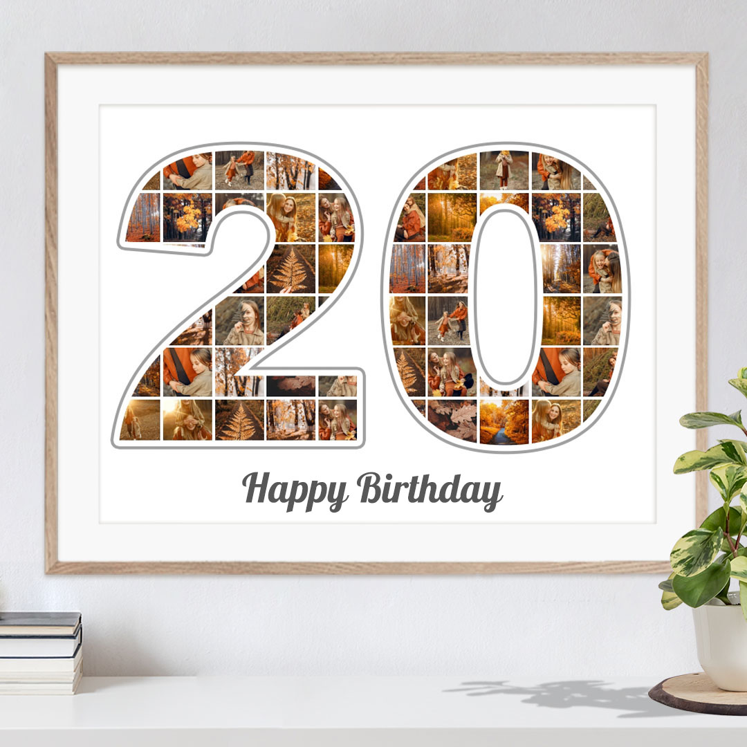 Zahl Collage 20 als originelles Geburtstagsgeschenk mit vielen Bildern auf weissem Hintergrund in Rahmen über Kommode mit Pflanze und Büchern