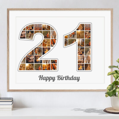 Zahl Collage 21 als originelles Geburtstagsgeschenk mit vielen Bildern auf weissem Hintergrund in Rahmen über Kommode mit Pflanze und Büchern