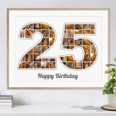 Zahl Collage 25 als originelles Geburtstagsgeschenk mit vielen Bildern auf weissem Hintergrund in Rahmen über Kommode mit Pflanze und Büchern