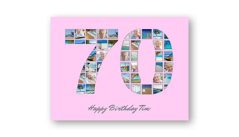 Personalisierte Geburtstagscollage mit vielen Bildern zur Zahl 70 geformt und Glückwunsch Text