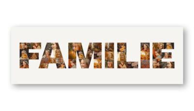 Panorama Familien Collage mit Buchstaben und vielen Fotos