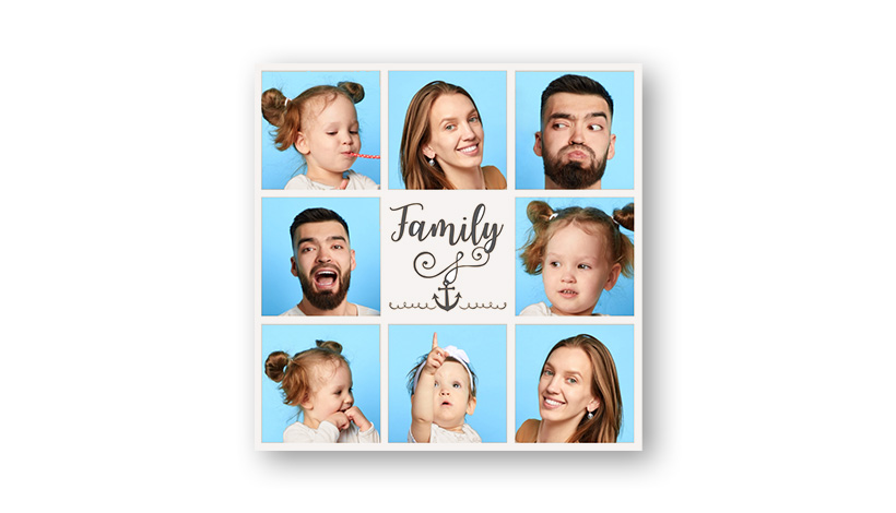 Quadratischen Familien Fotocollage mit Family Schriftzug in der Mitte und 8 Bildern