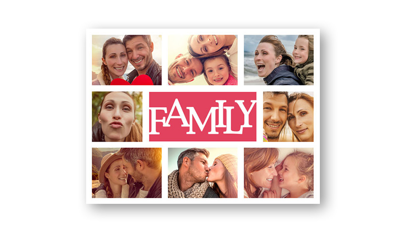 Familien Fotocollage mit 8 Bildern und Family Schriftzug in der Mitte