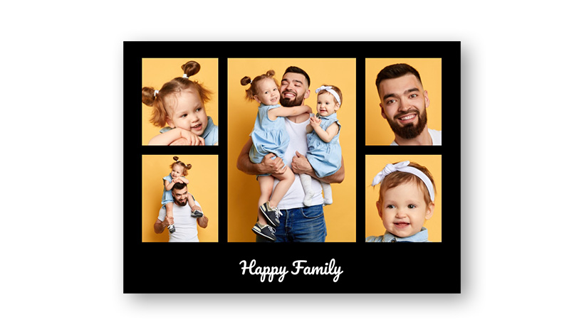 Familien Fotocollage mit Happy Family Schriftzug und 5 Bildern