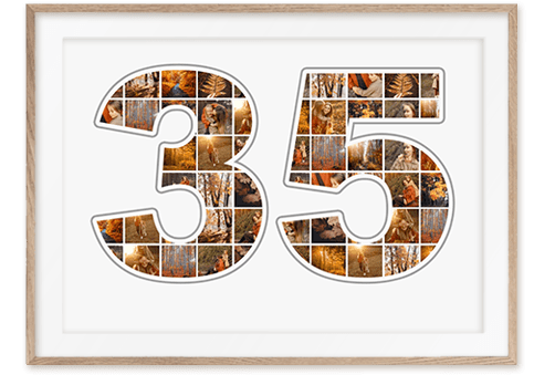 Ziffer 35 Collage mit Fotos als tolles Geschenk zum Geburtstag mit vielen Bildern auf weissem Hintergrund in sandfarbenem Holzrahmen