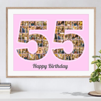Schöne Geschenkidee zum Geburtstag personalisierte Zifferncollage 55 mit eigenen Bildern auf rosa Hintergrund in hellem Holzrahmen an eine Wand gelehnt neben einer Pflanze