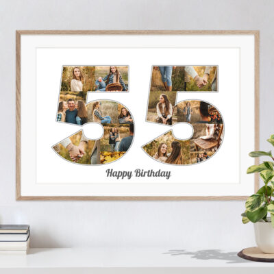 Kreative Idee für ein Fotocollage Geschenk als Zahl 55 zum Geburtstag auf weissem Hintergrund in hellem Holzrahmen an einer Wand hängend über einer Kommode auf der eine Pflanze und Bücher stehen