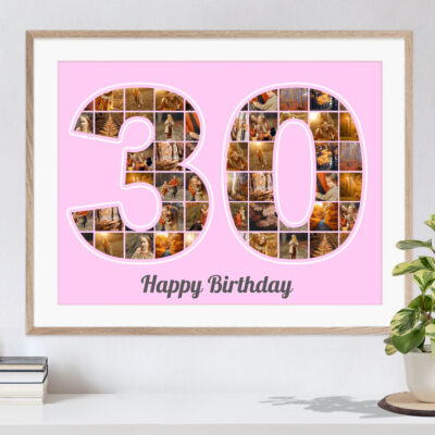 rosa Geschenk Collage als Ziffer 30 zum Geburtstag mit vielen Bildern in hellem Holzrahmen über Kommode mit Pflanze und Büchern
