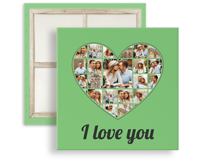 Herzcollage aus eigenen Bildern als originelles Geschenk zum 40. Geburtstag auf grünem Hintergrund auf Leinwand vor Holz-Keilrahmen