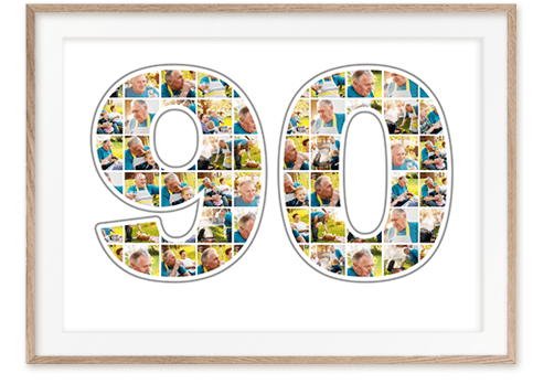 Geschenk zum 90. Geburtstag als Zahlen-Collage mit vielen Bildern auf weißem Hintergrund gerahmt