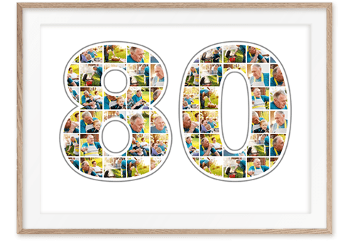 Geschenk zum 80. Geburtstag als Zahlen-Collage mit vielen Bildern auf weißem Hintergrund gerahmt
