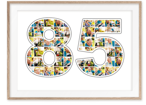 Geschenk zum 85. Geburtstag als Zahlen-Collage mit vielen Bildern auf weißem Hintergrund gerahmt