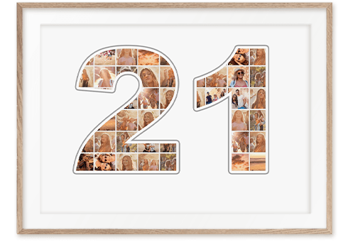 Ziffer 21 Collage mit Fotos als tolles Geschenk zum Geburtstag mit vielen Bildern auf weissem Hintergrund in sandfarbenem Holzrahmen