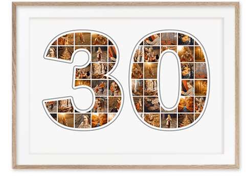 Ziffer 30 Collage mit Fotos als tolles Geschenk zum Geburtstag mit vielen Bildern auf weissem Hintergrund in sandfarbenem Holzrahmen