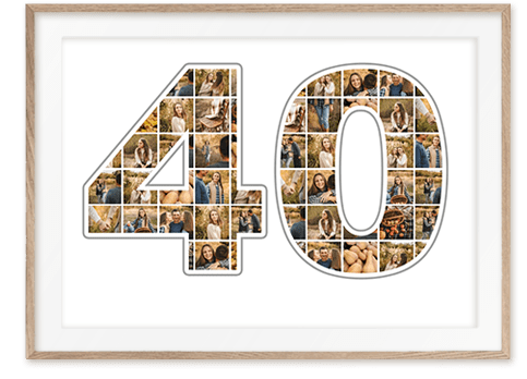 Ziffer 40 Collage mit Fotos als tolles Geschenk zum Geburtstag mit vielen Bildern auf weissem Hintergrund in sandfarbenem Holzrahmen