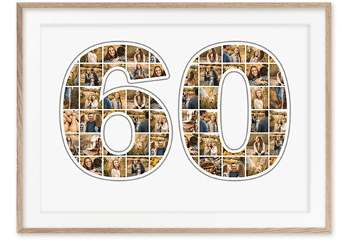 Geschenk zum 60. Geburtstag als Zahlen-Collage mit vielen Bildern auf weißem Hintergrund gerahmt
