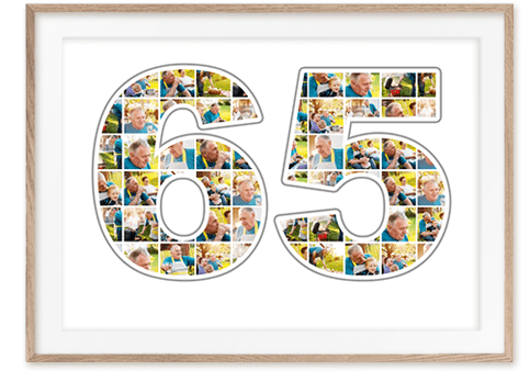 Geschenk zum 65. Geburtstag als Zahlen-Collage mit vielen Bildern auf weißem Hintergrund gerahmt