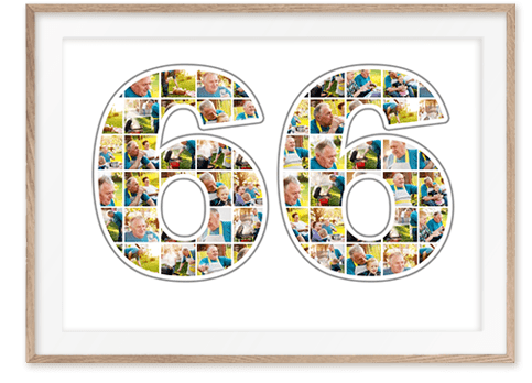 Geschenk zum 66. Geburtstag als Zahlen-Collage mit vielen Bildern auf weißem Hintergrund gerahmt