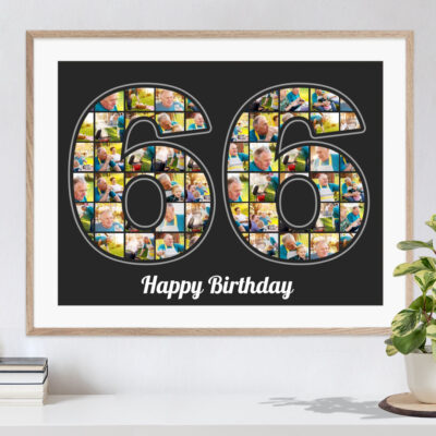 Zahl 66 als Collage vor schwarzem Hintergrund befüllt mit individuellen Fotos als herrliches Geburtstagsgeschenk in Holzrahmen über einer Kommdoe mit Pflanze und Büchern aufgehängt