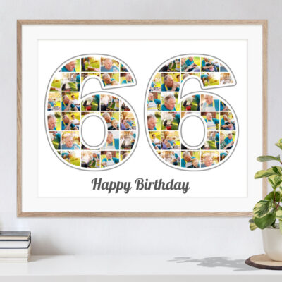 Zahl Collage 66 als originelles Geburtstagsgeschenk mit vielen Bildern auf weissem Hintergrund in Rahmen über Kommode mit Pflanze und Büchern