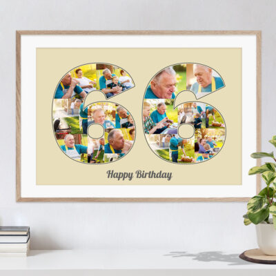 Collage mit individuellen Bildern als Ziffer 66 vor beigem Hintergrund als tolle Geschenkidee zum Geburtstag hängt an einer weissen Wand in hellem Rahmen über einer Kommode mit Büchern und einer Pflanze