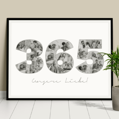 Zahl-Collage 365 in schwarz weiß mit Text zum ersten Hochzeitstag im schwarzen Rahmen