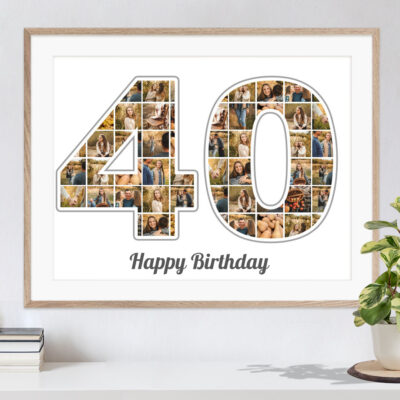 Zahl Collage 40 als originelles Geburtstagsgeschenk mit vielen Bildern auf weissem Hintergrund in Rahmen über Kommode mit Pflanze und Büchern