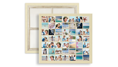 Viele Hochzeitsbilder in einer quadratischen Leinwand-Collage mit sandfarbenen Hintergrund