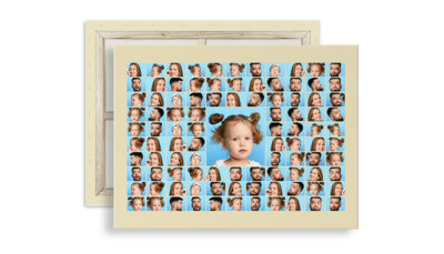 Fotocollage mit 100 Bildern und großem Hauptbild im Querformat auf Leinwand