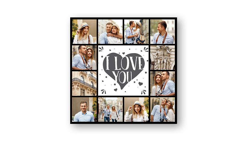 Collage Liebe mit großem Herz in der Mitte und 12 eigenen Bildern