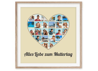 Collage als Herz aus eigenen Bildern als tolles Geschenk zum Muttertag mit Text und auf sandfarbenem Hintergrund im Rahmen