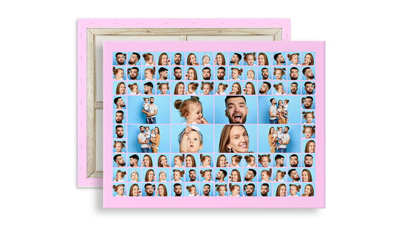 Individuelle Collage auf Leinwand mit vielen Fotos und rosa Hintergrund