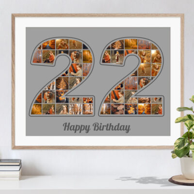 Kreatives Geschenk zum 22. Geburtstag Zahlencollage auf grau in Holzrahmen mit den schönsten Fotos über einer Pflanze und Büchern auf einer Kommode