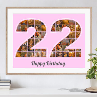 Schöne Geschenkidee zum Geburtstag personalisierte Zifferncollage 22 mit eigenen Bildern auf rosa Hintergrund in hellem Holzrahmen an eine Wand gelehnt neben einer Pflanze
