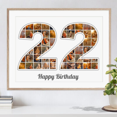 Zahl Collage 22 als originelles Geburtstagsgeschenk mit vielen Bildern auf weissem Hintergrund in Rahmen über Kommode mit Pflanze und Büchern