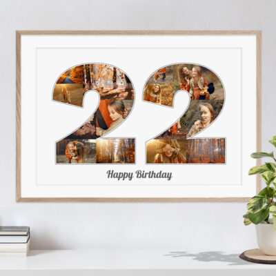 Kreative Idee für ein Fotocollage Geschenk als Zahl 22 zum Geburtstag auf weissem Hintergrund in hellem Holzrahmen an einer Wand hängend über einer Kommode auf der eine Pflanze und Bücher stehen